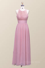 Halter Blush Pink Chiffon A-line Long Corset Bridesmaid Dress outfit, Formal Dress Lace