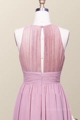 Halter Blush Pink Chiffon A-line Long Corset Bridesmaid Dress outfit, Formal Dresses Ballgown