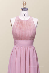 Halter Blush Pink Chiffon A-line Long Corset Bridesmaid Dress outfit, Formal Dress Ballgown