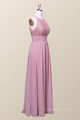 Halter Blush Pink Chiffon A-line Long Corset Bridesmaid Dress outfit, Formal Dress Party Wear