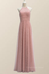 Halter Blush Pink Tulle Long Corset Bridesmaid Dress outfit, Party Dress Beige