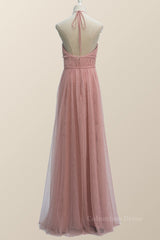 Halter Blush Pink Tulle Long Corset Bridesmaid Dress outfit, Spring Dress