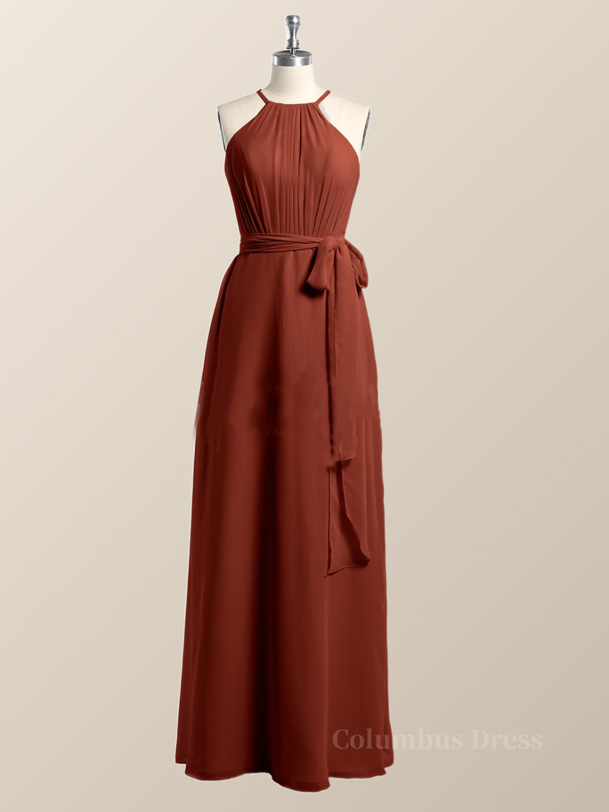 Halter Burgundy Chiffon A-line Long Corset Bridesmaid Dress outfit, Formal Dresses Fall