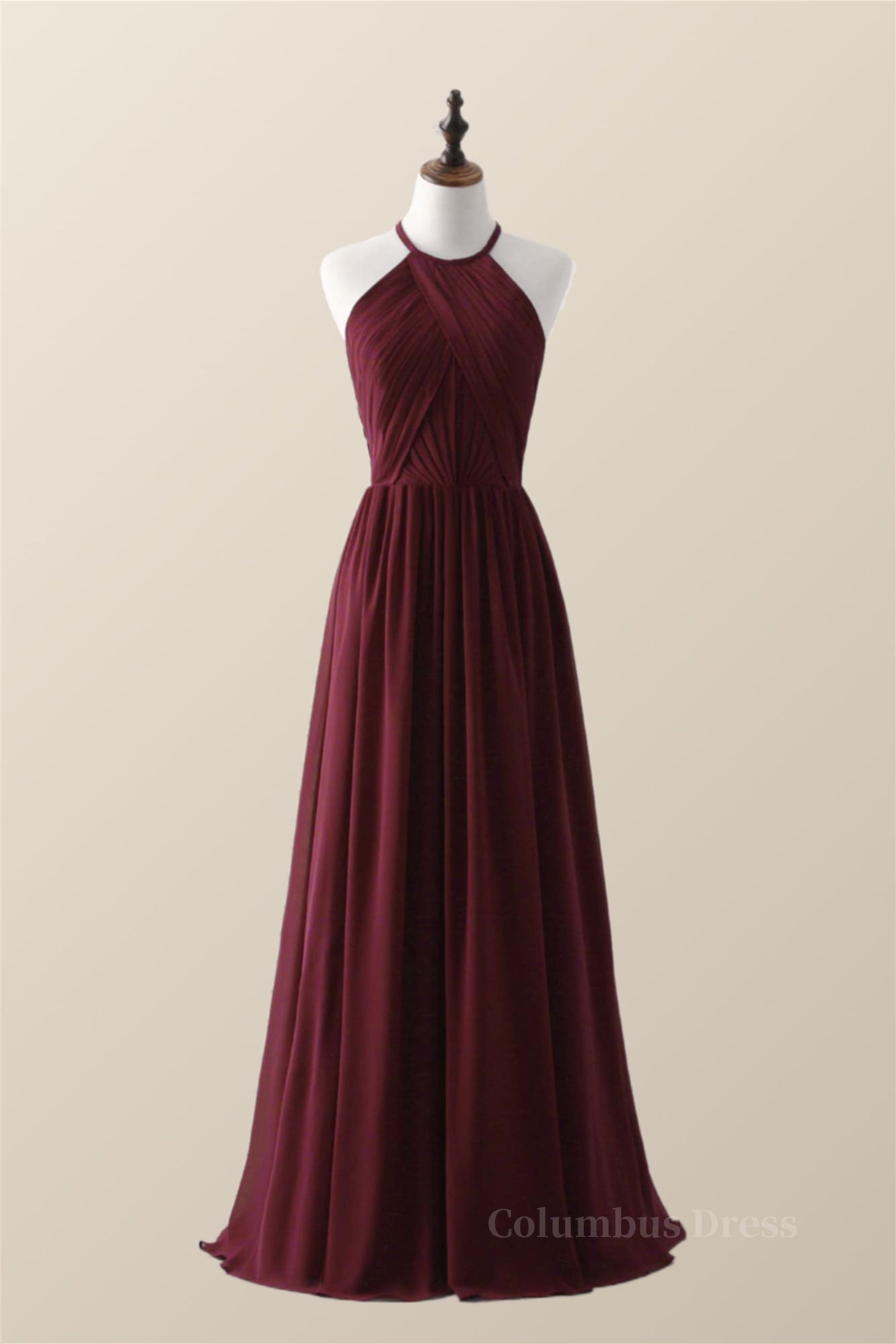 Halter Burgundy Pleated Long Corset Bridesmaid Dress outfit, Prom Dresses For Girl