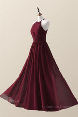 Halter Burgundy Pleated Long Corset Bridesmaid Dress outfit, Prom Dress Stores