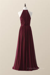 Halter Burgundy Pleated Long Corset Bridesmaid Dress outfit, Prom Dresses Stores