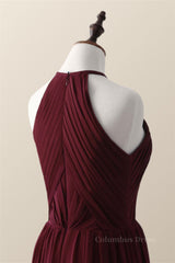 Halter Burgundy Pleated Long Corset Bridesmaid Dress outfit, Prom Dress Store