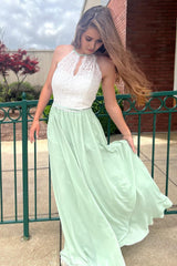 Halter Chiffon Light Green Lace Corset Prom Dress outfits, Halter Chiffon Light Green Lace Prom Dress