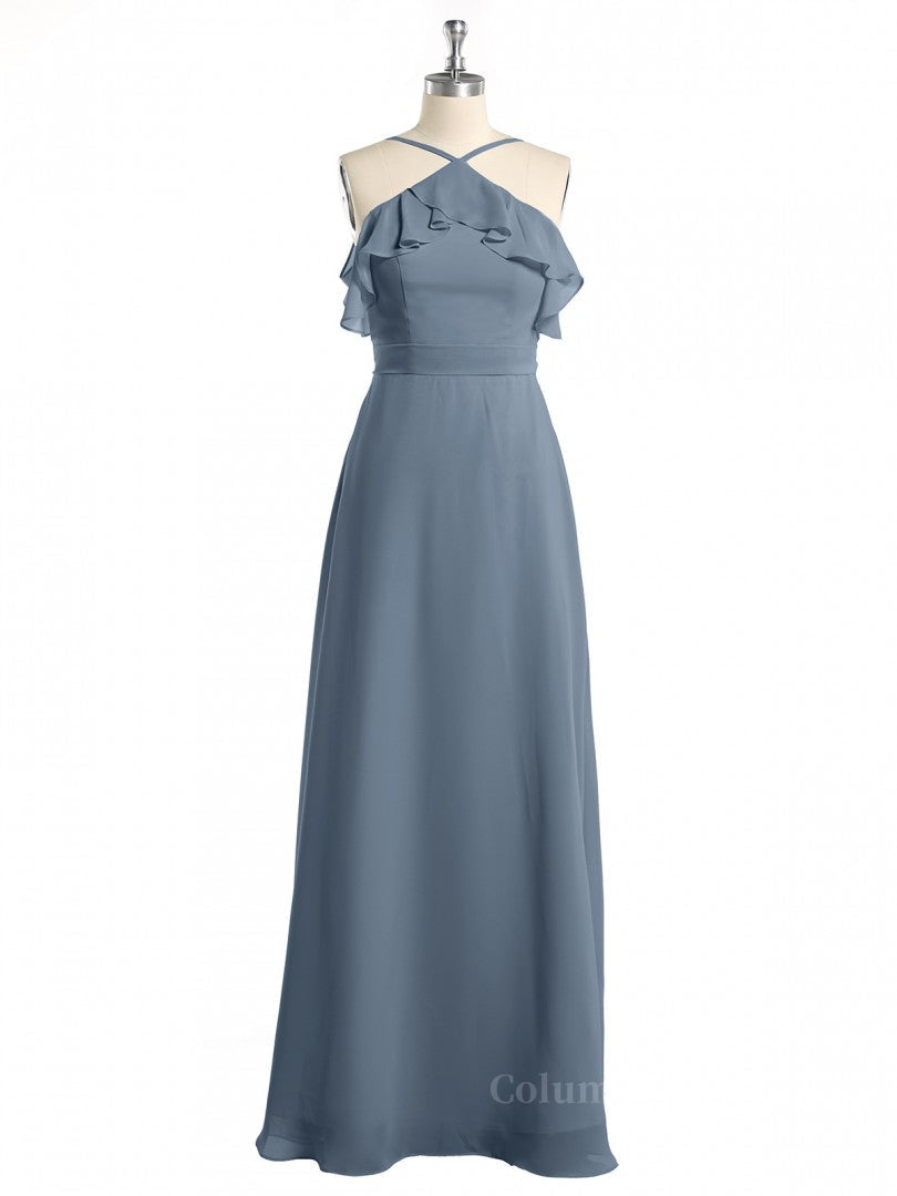 Halter Dusty Blue Ruffles Chiffon Long Corset Bridesmaid Dress outfit, Prom Dress 2027