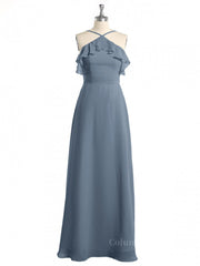 Halter Dusty Blue Ruffles Chiffon Long Corset Bridesmaid Dress outfit, Prom Dress 2027