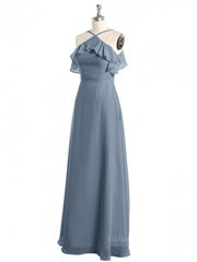 Halter Dusty Blue Ruffles Chiffon Long Corset Bridesmaid Dress outfit, Bridesmaid Propos