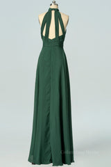 Halter Hunter Green A-line Long Corset Bridesmaid Dress outfit, Bridesmaid Dress With Sleeve
