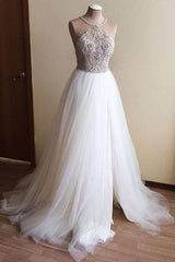 Halter Illusion neck High split A line Tulle Princess Corset Wedding Dress outfit, Wedding Dresses Designers
