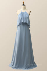 Halter Misty Blue Ruffle Chiffon Long Corset Bridesmaid Dress outfit, Prom Dresses For Teens