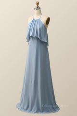 Halter Misty Blue Ruffle Chiffon Long Corset Bridesmaid Dress outfit, Prom Dresses 2027