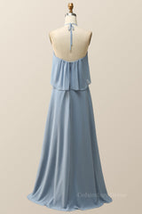 Halter Misty Blue Ruffle Chiffon Long Corset Bridesmaid Dress outfit, Prom Dress Long