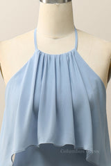 Halter Misty Blue Ruffle Chiffon Long Corset Bridesmaid Dress outfit, Prom Dresses Ball Gown