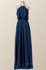 Halter Navy Blue Chiffon Long Corset Bridesmaid Dress outfit, Prom Dress With Tulle