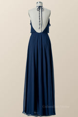 Halter Navy Blue Chiffon Long Corset Bridesmaid Dress outfit, Prom Dresses Champagne