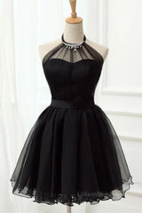 Halter Neck Backless Black Short Corset Prom Dress, Open Back Black Corset Homecoming Dress outfit, Bridesmaid Dresses Purples