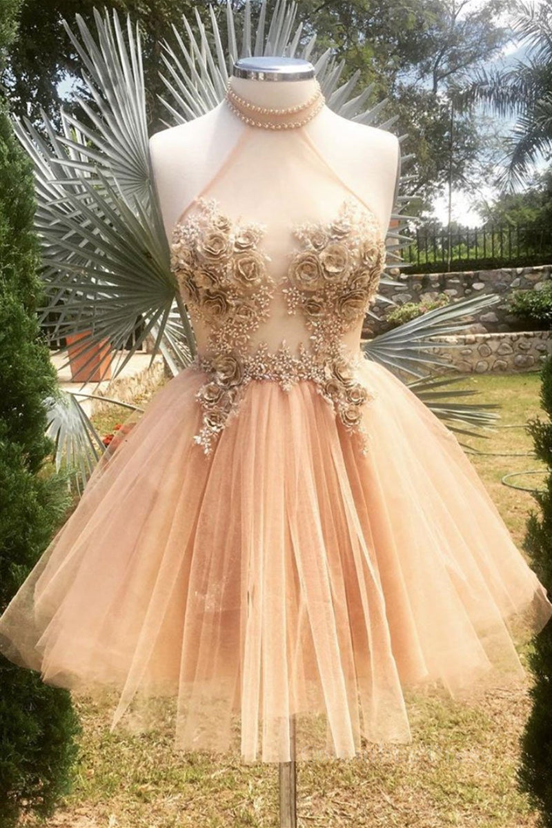 Halter Neck Backless Champagne 3D Floral Short Corset Prom Dress, Backless Champagne Corset Formal Graduation Corset Homecoming Dress outfit, Pink Formal Dress