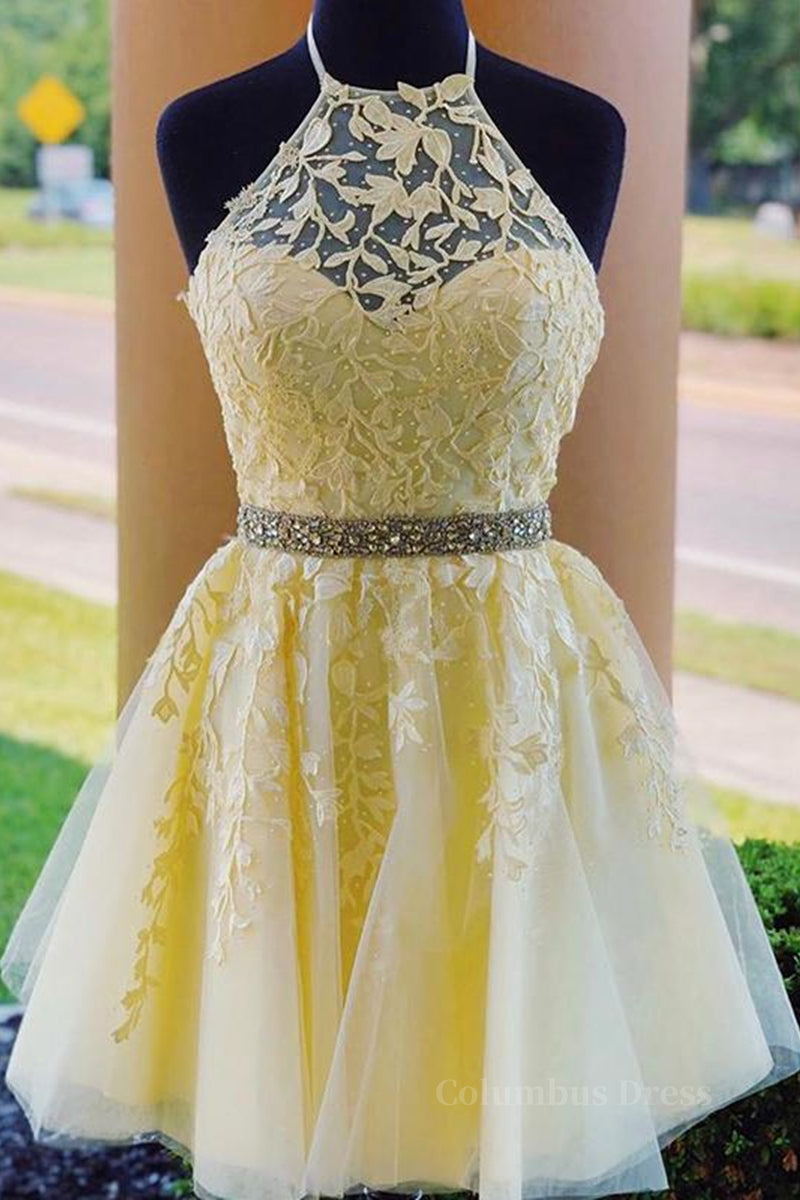 Halter Neck Backless Short Yellow Lace Corset Prom Dress, Yellow Lace Corset Formal Graduation Corset Homecoming Dress outfit, Yellow Dress