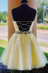 Halter Neck Backless Short Yellow Lace Corset Prom Dress, Yellow Lace Corset Formal Graduation Corset Homecoming Dress outfit, Black Tie Wedding Guest Dress