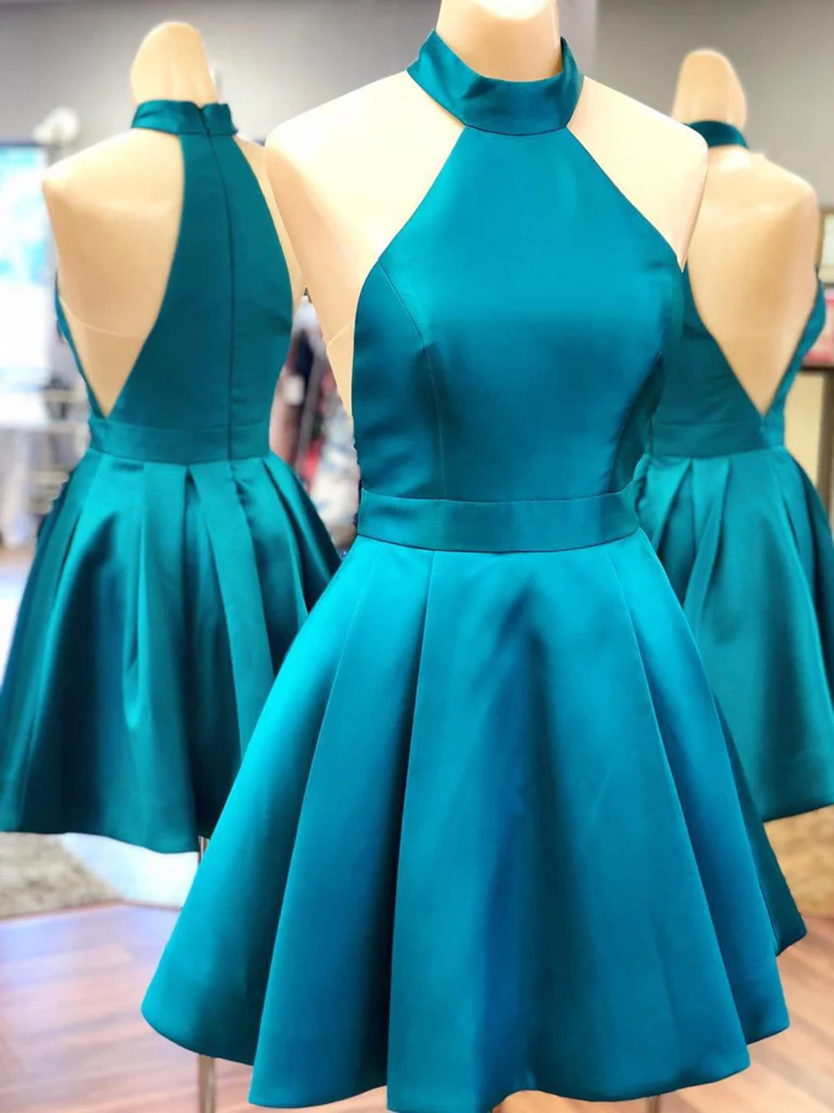 Halter Neck Blue Satin Short Corset Prom Dresses, Halter Neck Short Graduation Corset Homecoming Dresses outfit, Party Dress Code Idea