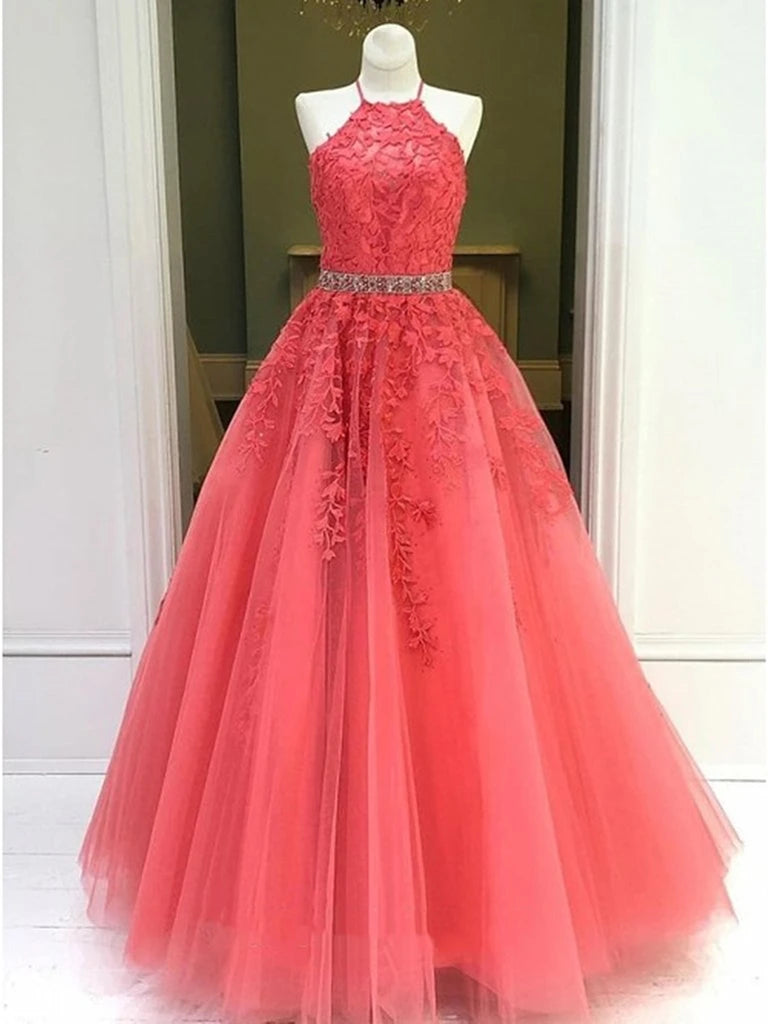 Halter Neck Coral Lace Tulle Long Corset Prom Dresses, Halter Neck Coral Lace Corset Formal Evening Dresses outfit, Prom Dress Shop Near Me