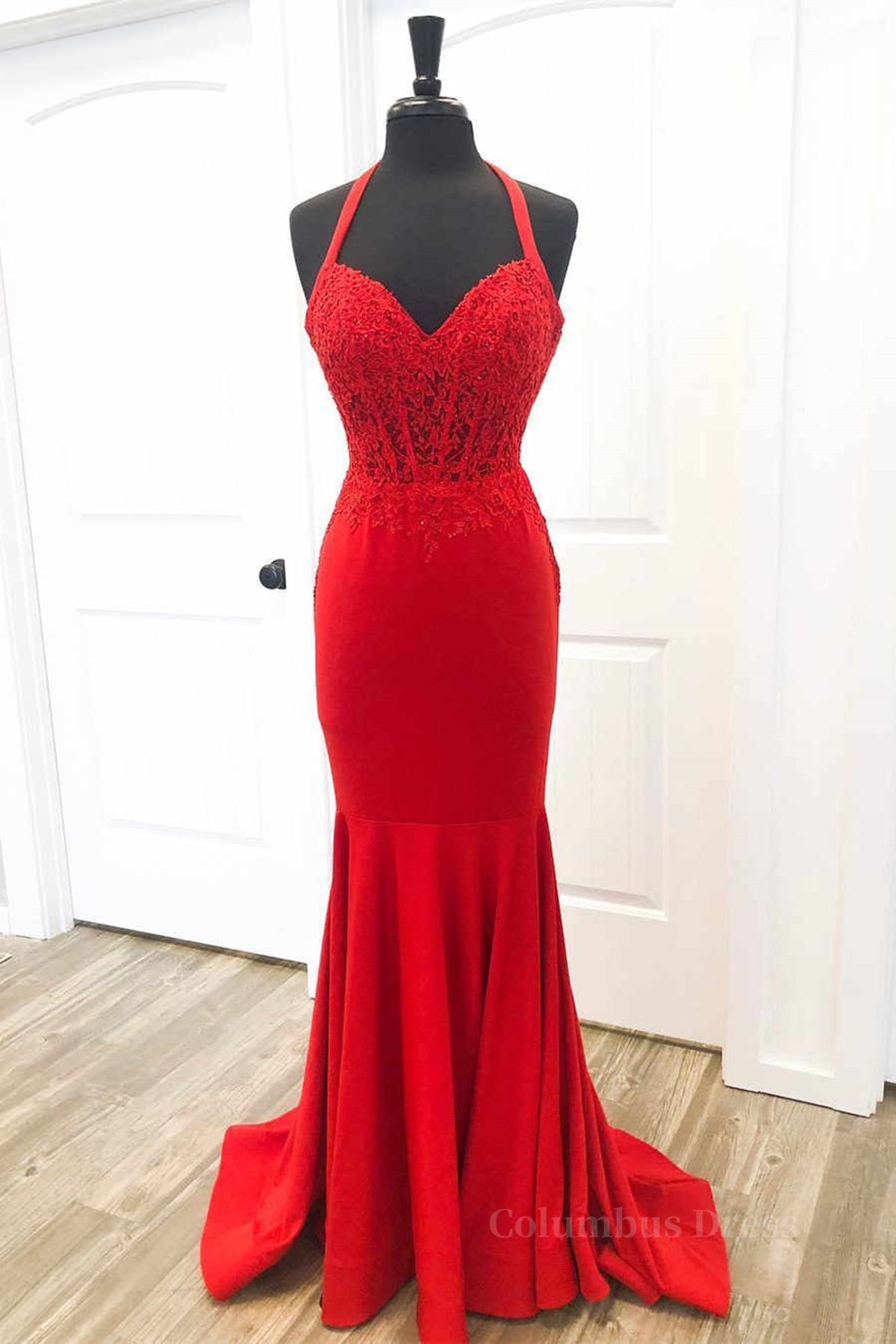 Halter Neck Mermaid Backless Red Lace Long Corset Prom Dresses, Mermaid Red Corset Formal Dresses, Red Lace Evening Dresses outfit, Formal Dress With Sleeves