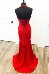 Halter Neck Mermaid Backless Red Lace Long Corset Prom Dresses, Mermaid Red Corset Formal Dresses, Red Lace Evening Dresses outfit, Formal Dress Wear For Ladies