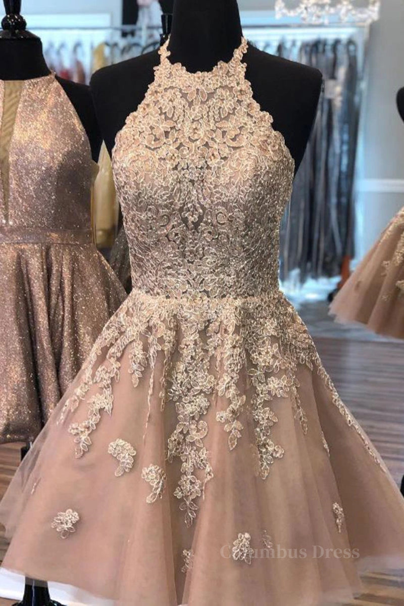 Halter Neck Short Champagne Lace Corset Prom Dress, Champagne Lace Corset Formal Graduation Corset Homecoming Dress outfit, Formal Dress Suits For Ladies