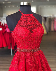 Halter Neck Short Red Lace Corset Prom Dresses, Short Red Lace Corset Formal Corset Homecoming Dresses outfit, Mini Dress