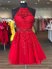 Halter Neck Short Red Lace Corset Prom Dresses, Short Red Lace Corset Formal Corset Homecoming Dresses outfit, Ball Gown