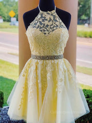 Halter Neck Short Yellow Lace Corset Prom Dressses, Backless Short Yellow Lace Corset Formal Corset Homecoming Dresses outfit, Bridesmaids Dresses Lavender