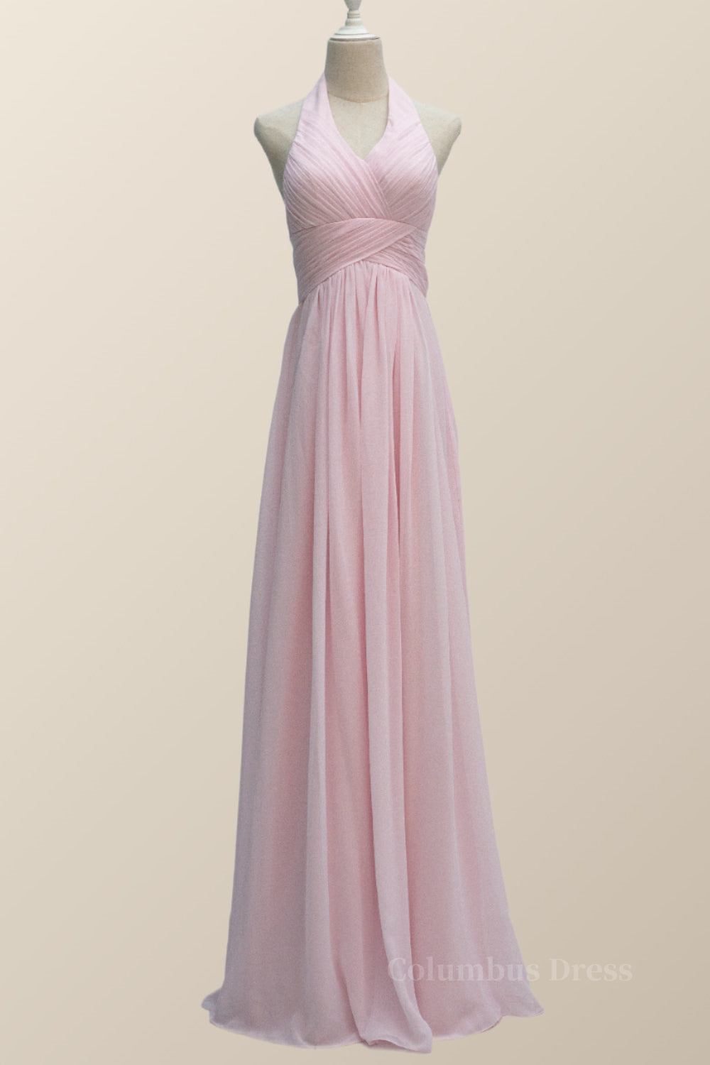Halter Pink Chiffon A-line Long Corset Bridesmaid Dress outfit, Party Dress Couple