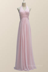 Halter Pink Chiffon A-line Long Corset Bridesmaid Dress outfit, Party Dress Couple