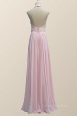 Halter Pink Chiffon A-line Long Corset Bridesmaid Dress outfit, Winter Dress