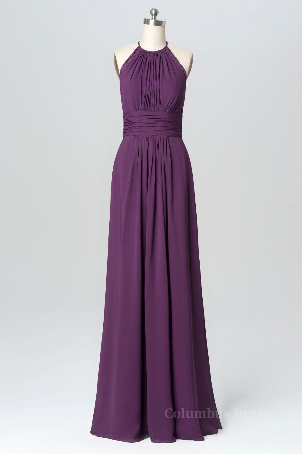 Halter Purple Chiffon A-line Long Corset Bridesmaid Dress outfit, Wedding