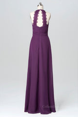 Halter Purple Chiffon A-line Long Corset Bridesmaid Dress outfit, Bridesmaid Dress Navy Blue