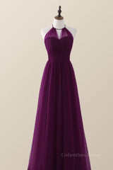 Halter Purple Tulle Long Corset Bridesmaid Dress outfit, Prom Dress Prom Dresses