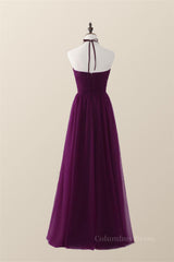 Halter Purple Tulle Long Corset Bridesmaid Dress outfit, Prom Dress Near Me
