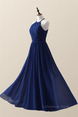 Halter Royal Blue Pleated Long Corset Bridesmaid Dress outfit, Bridesmaids Dresses Long