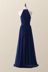 Halter Royal Blue Pleated Long Corset Bridesmaid Dress outfit, Bridesmaid Dresses Spring