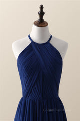 Halter Royal Blue Pleated Long Corset Bridesmaid Dress outfit, Bridesmaid Dresses Gowns