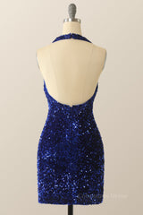 Halter Royal Blue Sequin Bodycon Dress outfits, Homecoming Dresses Sweetheart