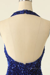 Halter Royal Blue Sequin Bodycon Dress outfits, Homecoming Dresses 18 Year Old