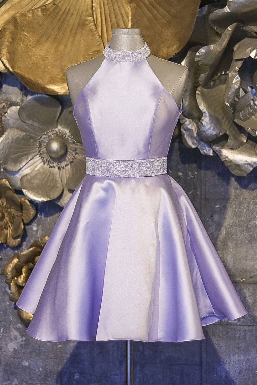 Halter Short Lavender A Line Satin Corset Homecoming Dress with Beading outfit, Bridesmaid Dresses Mismatched Winter