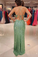 Halter Sparkly Green Sequins Long Corset Prom Dress with Slit Gowns, Halter Sparkly Green Sequins Long Prom Dress with Slit