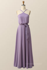 Halter Straps Purple Chiffon Long Corset Bridesmaid Dress outfit, Bridesmaids Dresses Websites